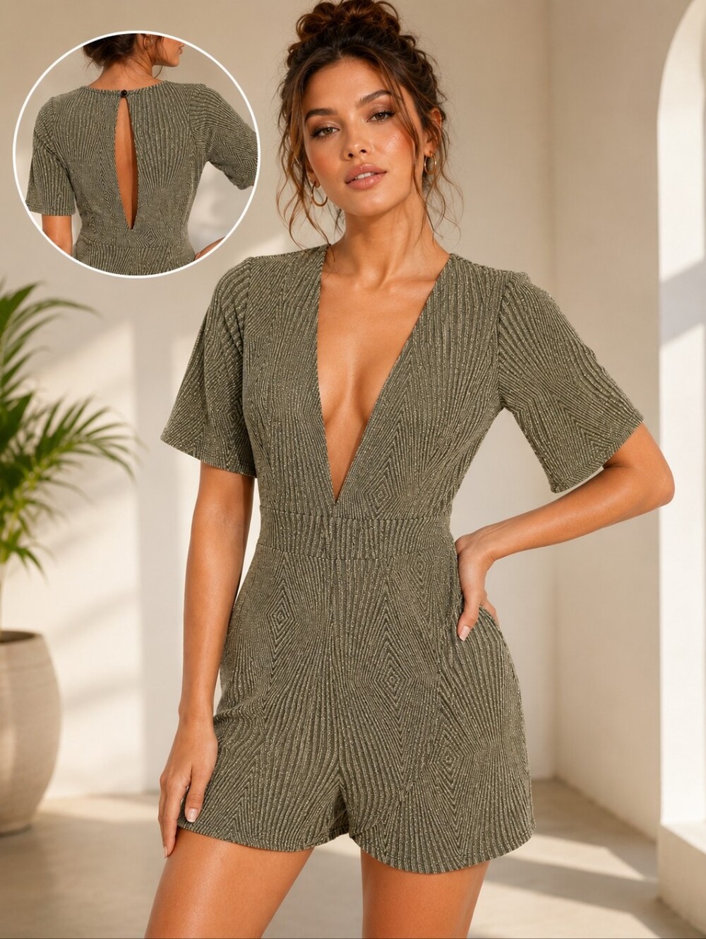 Lovely Day Olive Gray Metallic Geometric Romper | Open Back | Size Small